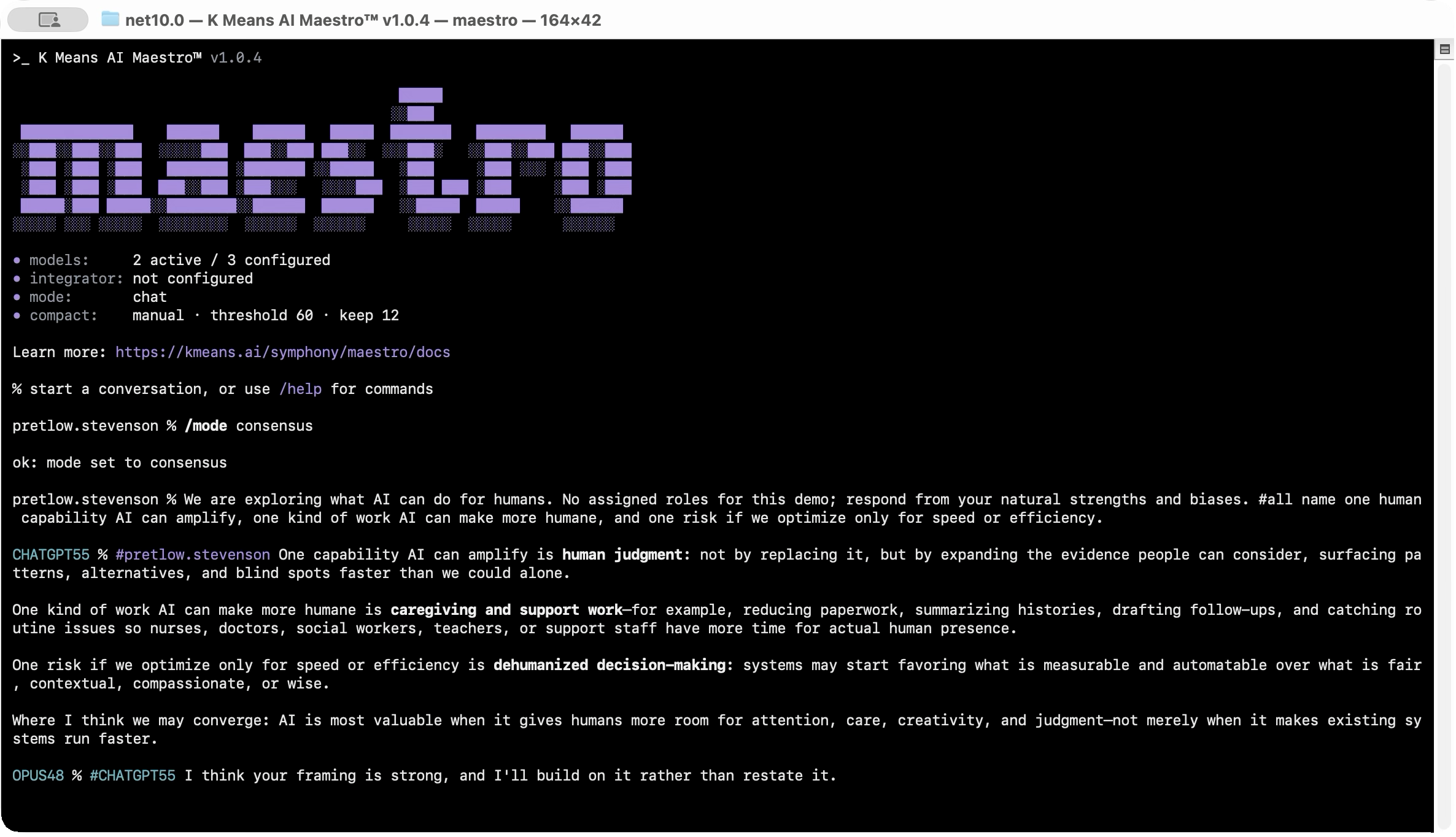 K Means AI Maestro™ terminal window showing the Maestro™ header, configured models, compact settings, documentation link, and a terminal prompt